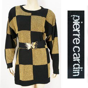 Vintage 80s Pierre Cardin Womens Metallic Gold and Black Checkerboard  Oversized